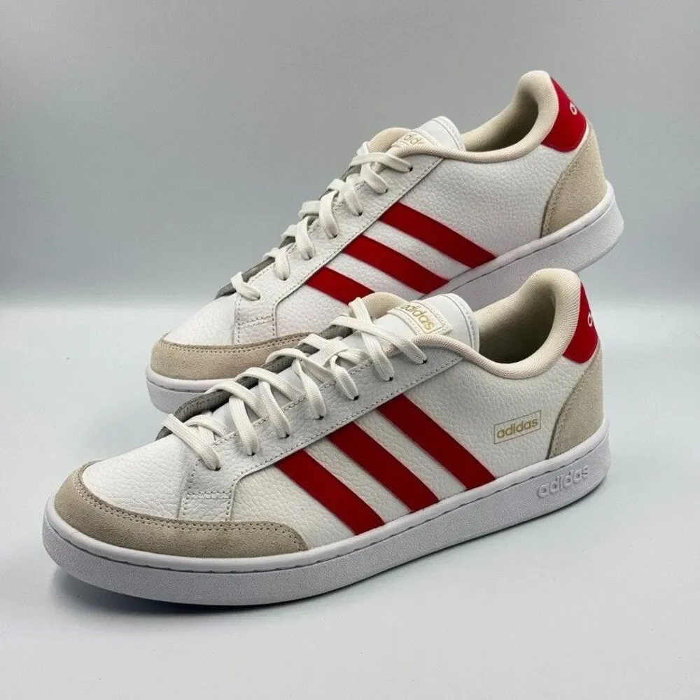 adidas Mens 12 White Red Grand Court SE Sneakers Cloudfoam Leather FY8169